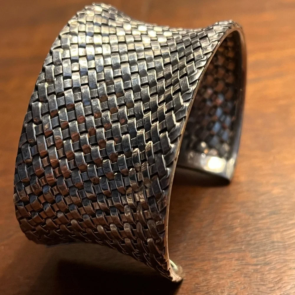 Suarti BA 925 Sterling Silver Wide Basket Weave Cuff Bracelet